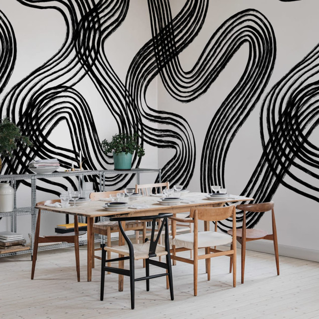 Tapet cu design grafic abstract în negru și alb, cu linii curbe îndrăznețe