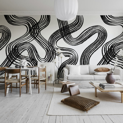 Tapet cu design grafic abstract în negru și alb, cu linii curbe îndrăznețe