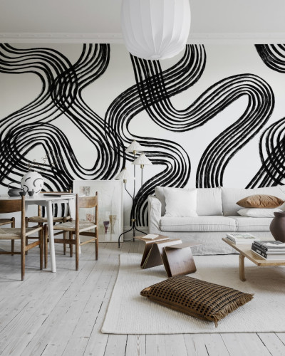 Tapet cu design grafic abstract în negru și alb, cu linii curbe îndrăznețe