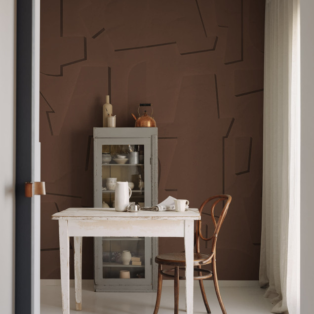 Tapet abstract cu textură din lemn, nuanțe de rugină, decorat cu un design modern și sofisticat.