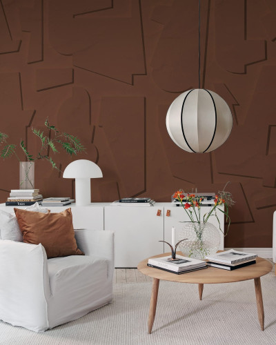 Tapet abstract cu textură din lemn, nuanțe de rugină, decorat cu un design modern și sofisticat.