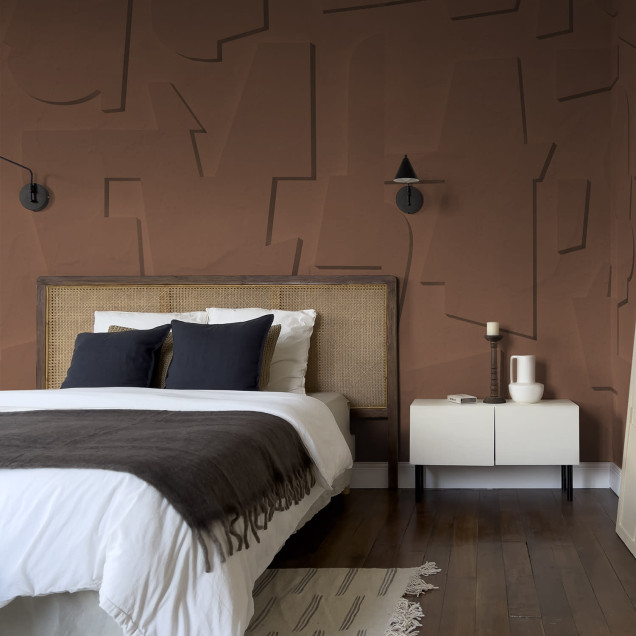 Tapet abstract cu textură din lemn, nuanțe de rugină, decorat cu un design modern și sofisticat.