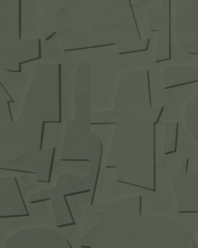 Tapet abstract verde, cu design modern, in interiorul unei camere de zi, cu o masa si scaune