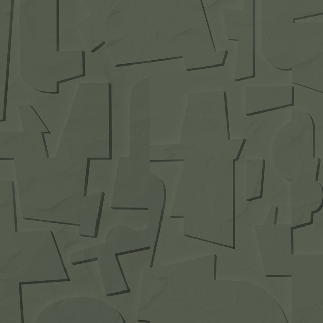 Tapet abstract verde, cu design modern, in interiorul unei camere de zi, cu o masa si scaune