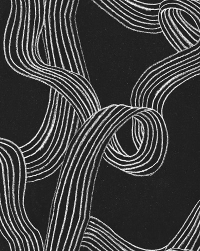 Tapet abstract cu linii albe pe fond negru într-un living modern