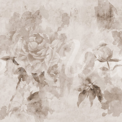 Tapet floral cu nuanțe de gri, cu flori mari, cu un design minimalist și elegant, pe un perete din dormitor