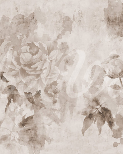 Tapet floral cu nuanțe de gri, cu flori mari, cu un design minimalist și elegant, pe un perete din dormitor