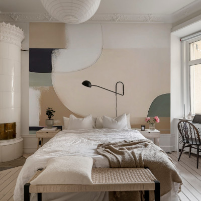 Abstract Shapes, Pastel wallpaper in a bedroom interior