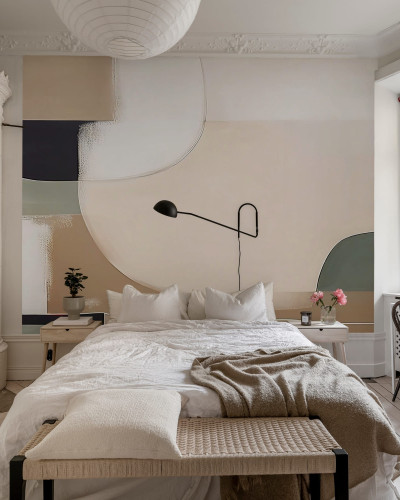 Abstract Shapes, Pastel wallpaper in a bedroom interior