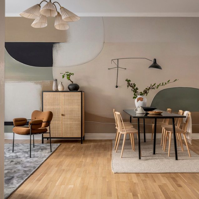 Abstract Shapes, Pastel wallpaper in a bedroom interior