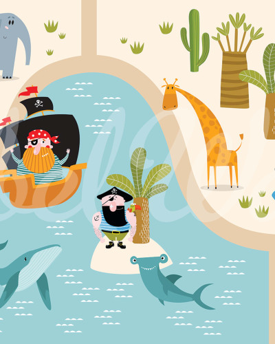 Hârtie de perete Insula Piratilor cu design vesel pentru camera copiilor, cu personaje de pirați, animale și elemente de aventură.