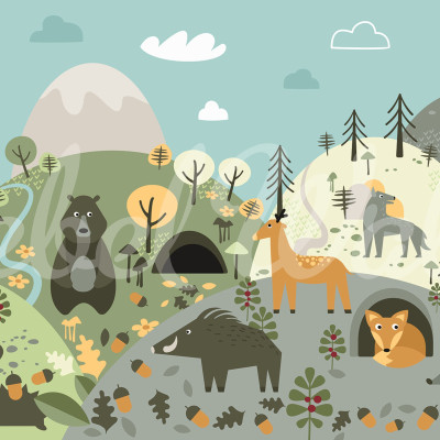 Tapet cu un peisaj de pădure colorat cu animale drăguțe