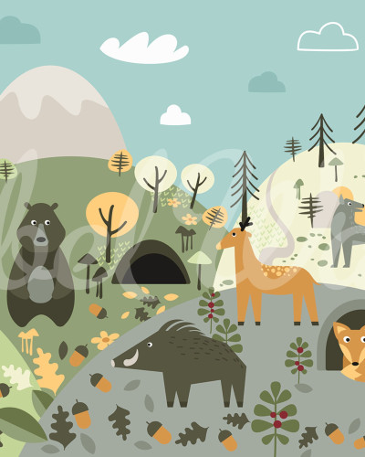 Tapet cu un peisaj de pădure colorat cu animale drăguțe