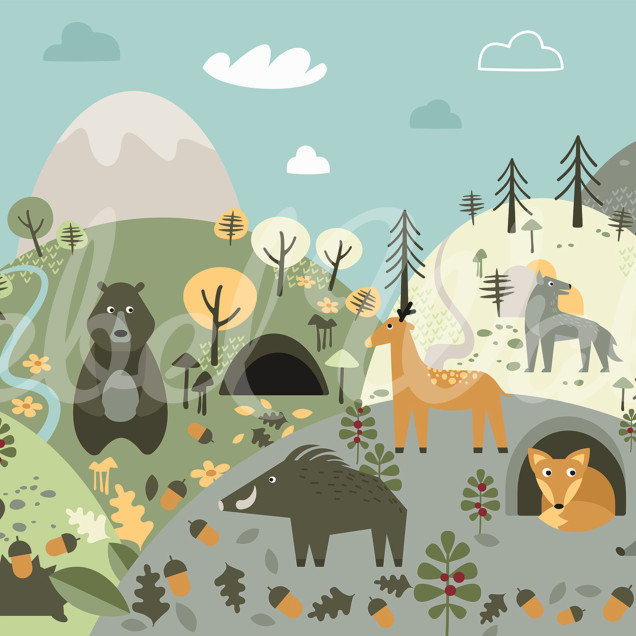 Tapet cu un peisaj de pădure colorat cu animale drăguțe