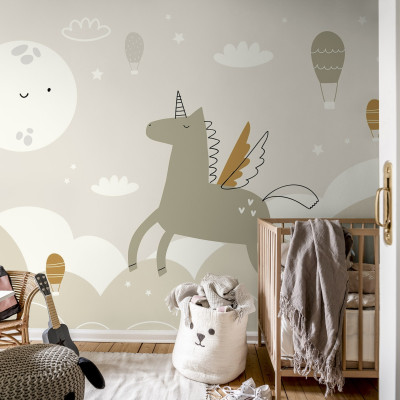 Wallpaper Flying Unicorn, Beige cu un unicorn zburător, baloane cu aer cald, nori pufoși și o lună zâmbitoare.