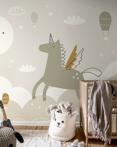 Wallpaper Flying Unicorn, Beige cu un unicorn zburător, baloane cu aer cald, nori pufoși și o lună zâmbitoare.