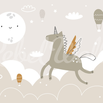 Wallpaper Flying Unicorn, Beige cu un unicorn zburător, baloane cu aer cald, nori pufoși și o lună zâmbitoare.