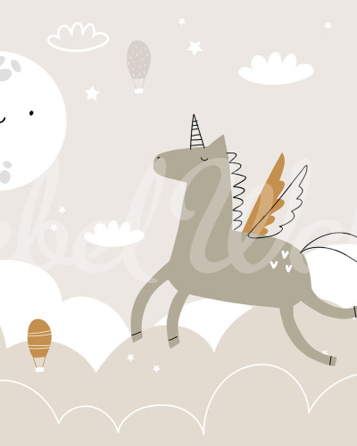 Wallpaper Flying Unicorn, Beige cu un unicorn zburător, baloane cu aer cald, nori pufoși și o lună zâmbitoare.