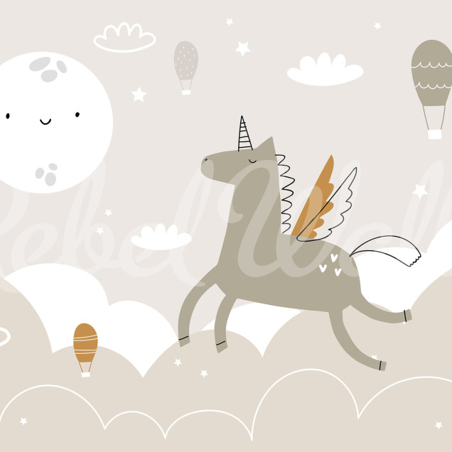 Wallpaper Flying Unicorn, Beige cu un unicorn zburător, baloane cu aer cald, nori pufoși și o lună zâmbitoare.