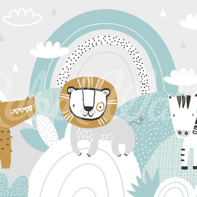 Tapet Jolly Jungle Soft cu un leu, un crocodil si o zebra pe un fundal cu un curcubeu si nori