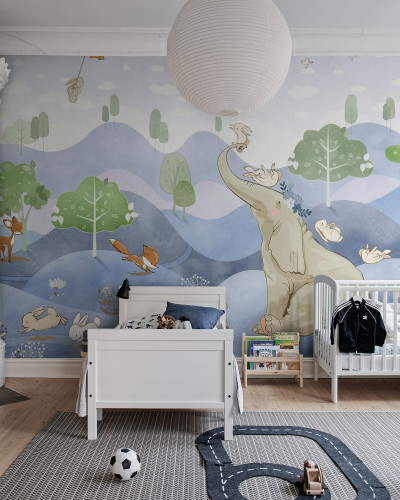 Tapet cu elefant si prieteni in culori pastelate