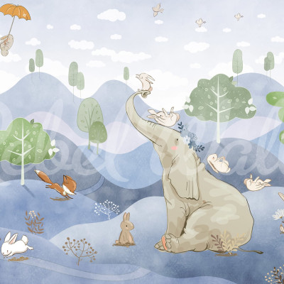 Tapet cu elefant si prieteni in culori pastelate