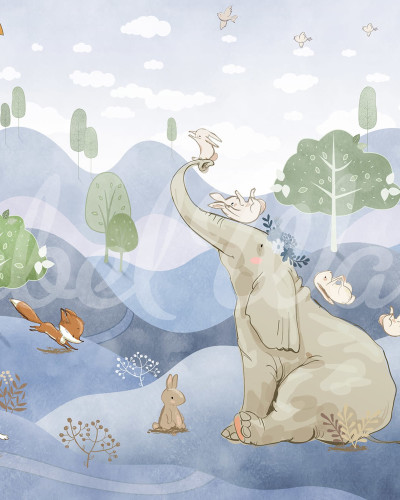 Tapet cu elefant si prieteni in culori pastelate