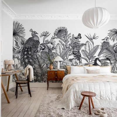Tapet Birds Garden, Black & White, cu o grădină tropicală luxuriantă, plină de păsări exotice, plante și flori.