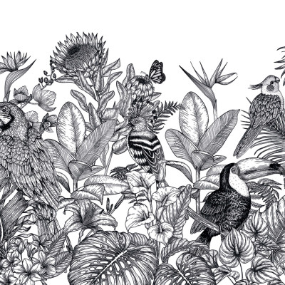 Tapet Birds Garden, Black & White, cu o grădină tropicală luxuriantă, plină de păsări exotice, plante și flori.