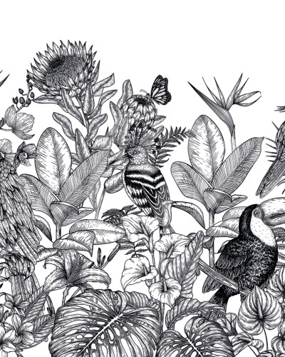 Tapet Birds Garden, Black & White, cu o grădină tropicală luxuriantă, plină de păsări exotice, plante și flori.