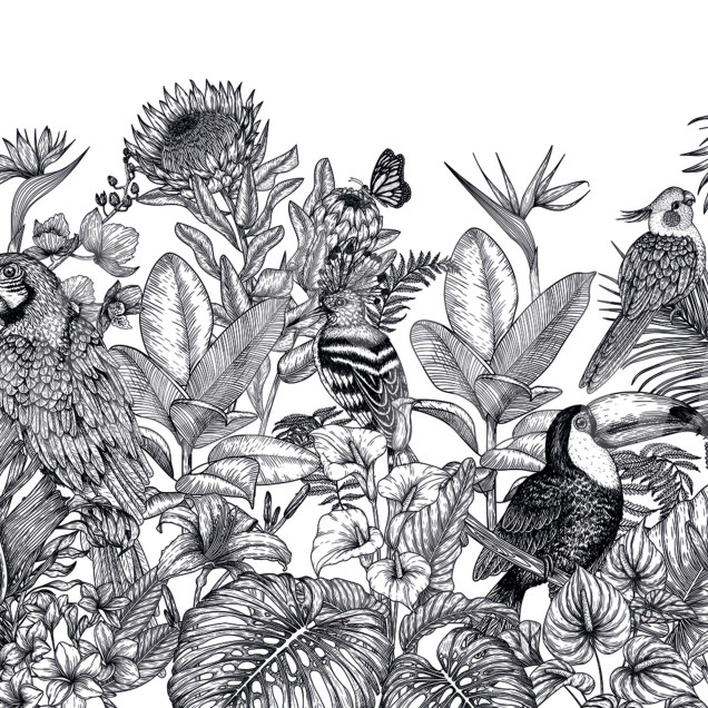Tapet Birds Garden, Black & White, cu o grădină tropicală luxuriantă, plină de păsări exotice, plante și flori.