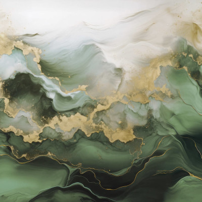 Tapet cu design abstract in nuante de verde si auriu, aplicat intr-o bucatarie cu mobilier alb