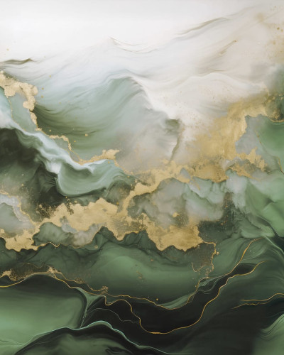 Tapet cu design abstract in nuante de verde si auriu, aplicat intr-o bucatarie cu mobilier alb