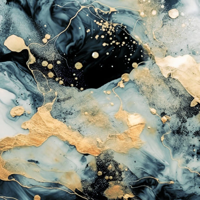 Tapet cu model abstract Marble Stream, albastru si negru cu accente aurii.