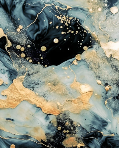 Tapet cu model abstract Marble Stream, albastru si negru cu accente aurii.