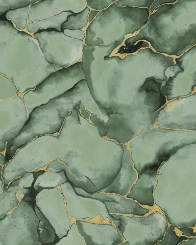 Fototapet abstract verde cu accente aurii într-un living modern