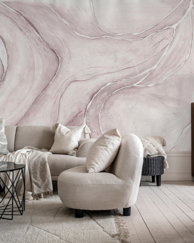 Tapet abstract Watercolor Flow, Dusty Pink cu tonuri calde de roz prafuit, cu linii curbe si ondulate, perfect pentru un living modern