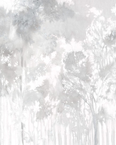 Wallpaper cu design minimalist, Painted Forest, Gray, cu nuanțe gri, evocând o pădure pictată cu vopsea de apă.