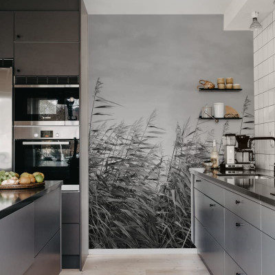 Tapet cu design modern ce înfățișează stuf în tonuri de gri, aplicat într-o bucătărie modernă.