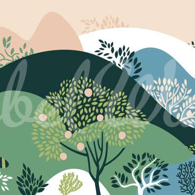 Apple Garden Multi wallpaper cu design modern, cu dealuri verzi și copaci cu mere roz, perfect pentru decorarea camerei