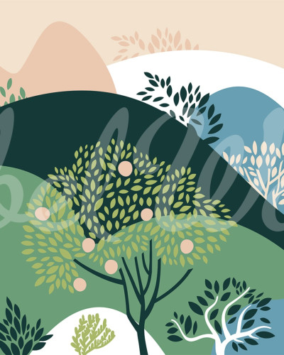 Apple Garden Multi wallpaper cu design modern, cu dealuri verzi și copaci cu mere roz, perfect pentru decorarea camerei