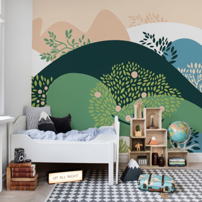 Apple Garden Multi wallpaper cu design modern, cu dealuri verzi și copaci cu mere roz, perfect pentru decorarea camerei