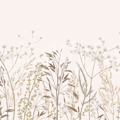 Tapet Straw Meadow, Bej, cu design minimalist, ierburi delicate și flori, nuanțe de bej