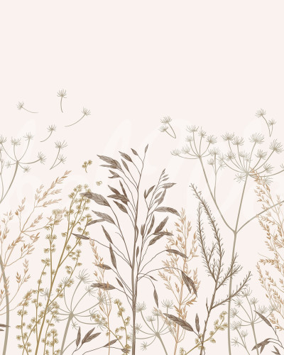 Tapet Straw Meadow, Bej, cu design minimalist, ierburi delicate și flori, nuanțe de bej