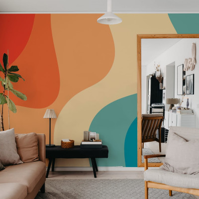 Tapet cu un imprimeu abstract vibrant cu nuanțe de portocaliu, galben și turcoaz