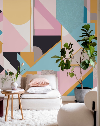 Wallpaper geometric cu forme retro, in nuante de galben, roz, albastru, negru si gri.
