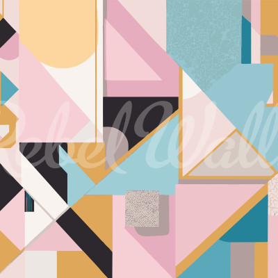 Wallpaper geometric cu forme retro, in nuante de galben, roz, albastru, negru si gri.