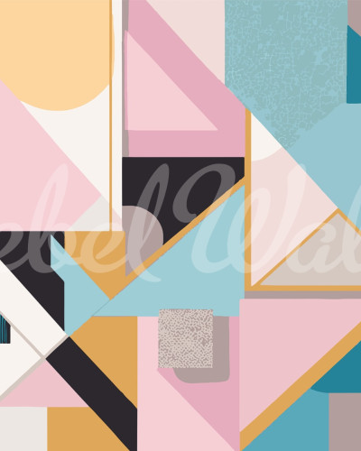 Wallpaper geometric cu forme retro, in nuante de galben, roz, albastru, negru si gri.