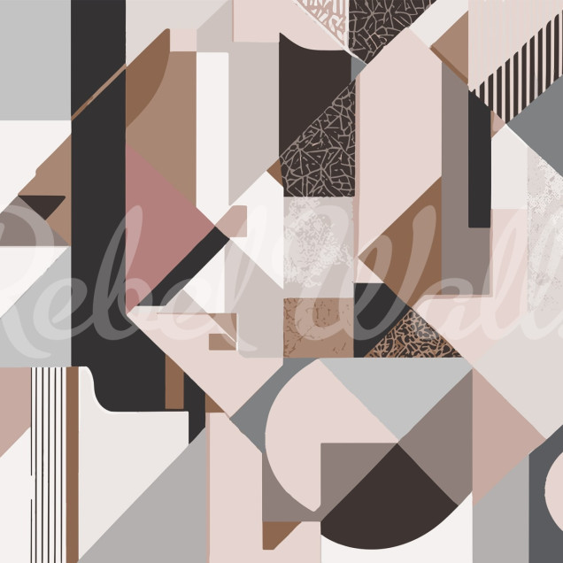 Tapet cu forme geometrice abstracte in culori pastelate. Tapetul este decorat cu forme geometrice in culori pastelate de maro, gri si roz.