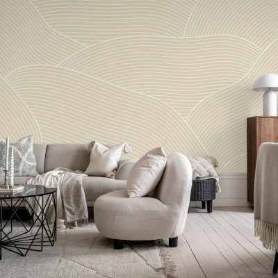Tapet cu design abstract minimalist, cu linii subtile și curbe delicate, în nuanțe de bej.